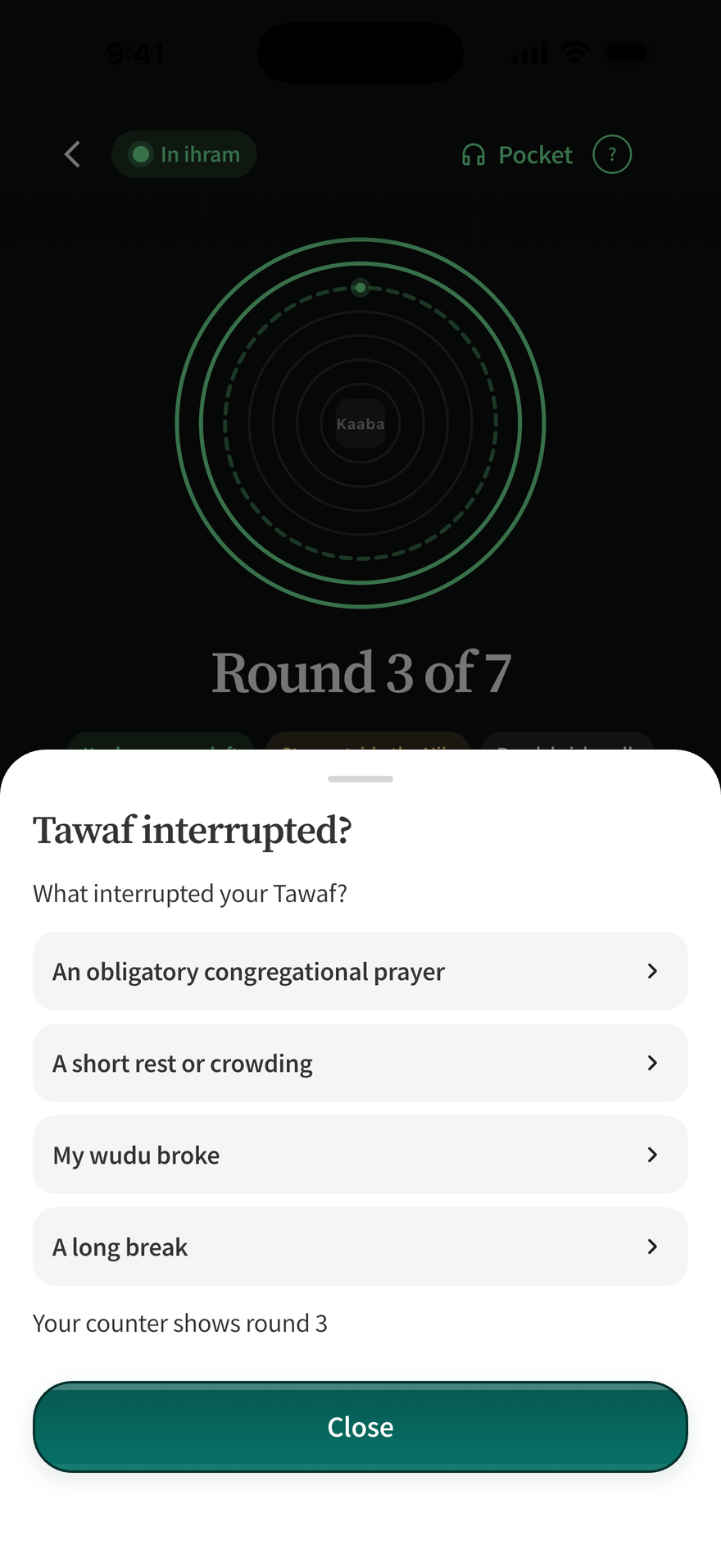 Detail of the Tawaf interrupted? sheet in Murshid, asking what interrupted your Tawaf: an obligatory congregational prayer, a short rest or crowding, my wudu broke, a long break.
