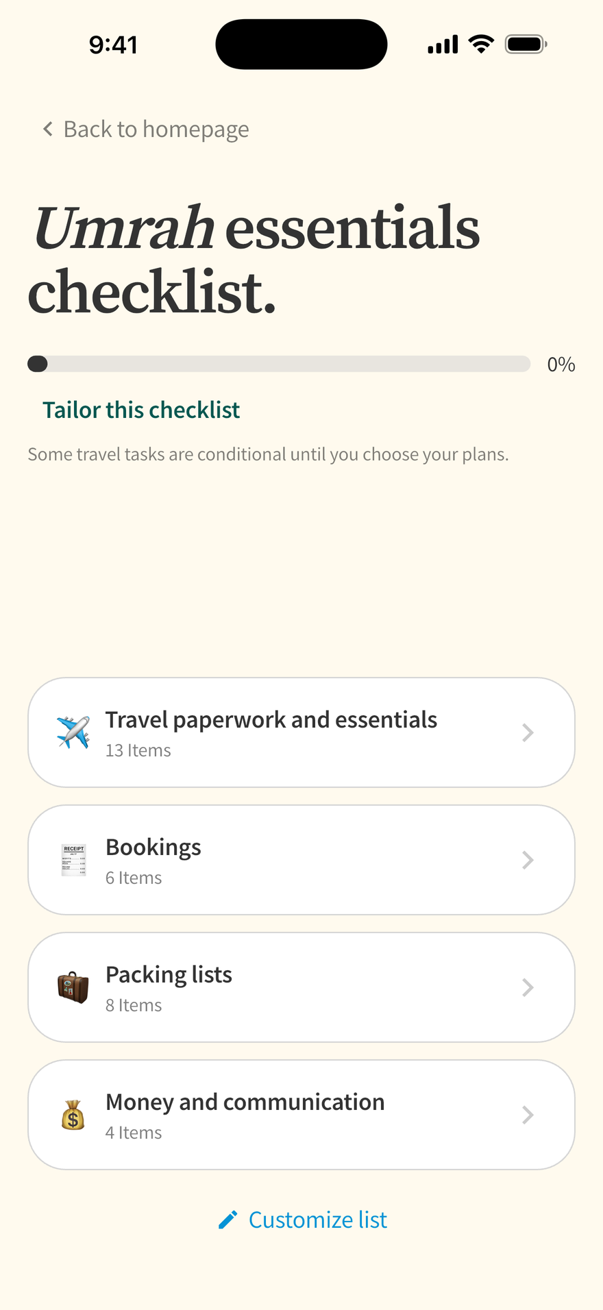 Murshid app showing the Umrah essentials checklist: Travel paperwork and essentials, Bookings, Packing lists, Money and communication.