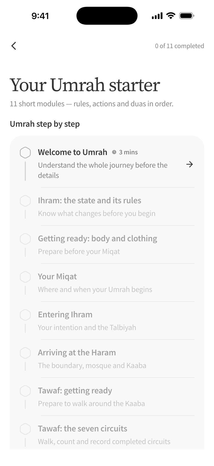 Detail of the Umrah Starter course in Murshid: 0 of 11 completed, Your Umrah starter, 11 short modules, Umrah step by step.